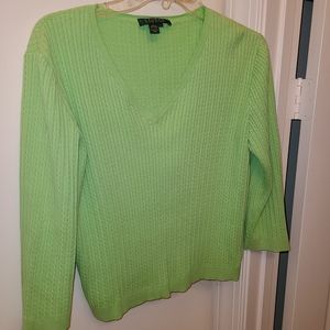Lauren, cable-knit Light Green L v-neck sweater